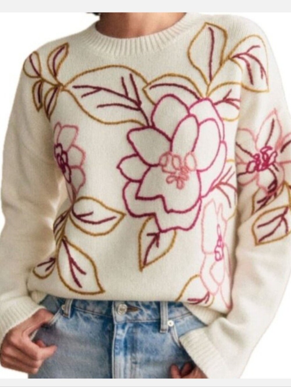 NWT Joie 100% Cashmere Floral Embroidered Pullover Sweater Cream XS